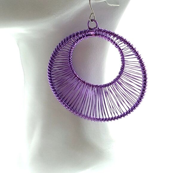 Purple Wrapped String Art Open Circle Drop Earrings - Picture 1 of 6
